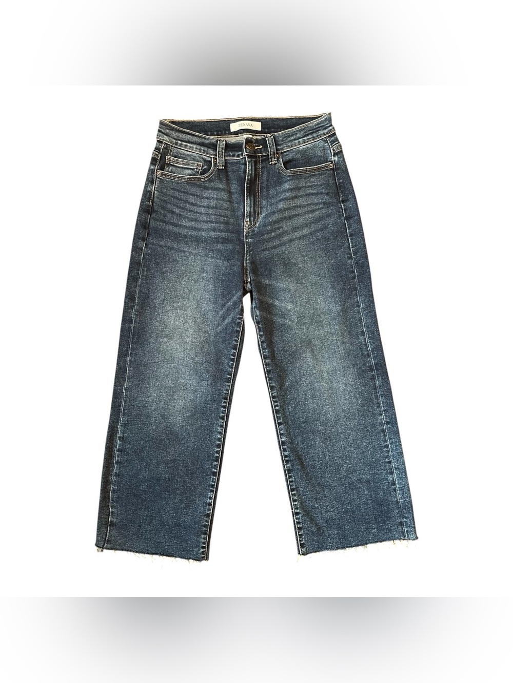 Zenana Cropped Wide Leg Jeans Med Wash Raw Hem Cropped Sz 28 X 23 High Rise